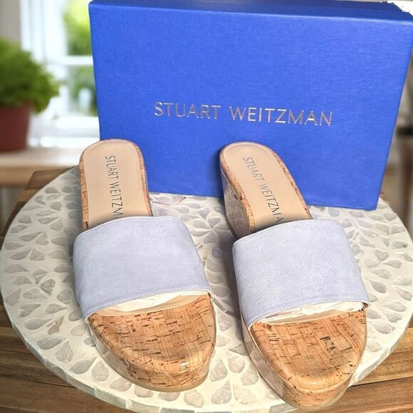Stuart Weitzman $375 Summer Suede Leather Wedge Slide Sandals Cork Platform Slip - Picture 4 of 14